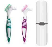 Lot de 2 brosses à dents pour dentier avec étui de transport blanc, poils à plusieurs niveaux avec poignée confortable pour un nettoyage efficace des prothèses dentaires