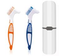Lot de 2 brosses à dents pour dentier avec étui de transport blanc, poils à plusieurs niveaux avec poignée confortable pour un nettoyage efficace des prothèses dentaires