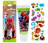 Lot de 2 brosses à dents Spiderman avec bouchons de voyage + dentifrice Spiderman - Saveur Bubble Gum. Ensemble brosse à dents et dentifrice pour enfants Une feuille d'autocollants 3D Puffy Hadco est