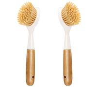 Lot de 2 brosses à Vaisselle de Cuisine avec Manche en Bambou - Grattoir intégré - Brosse à récurer pour poêles, casseroles, éviers de Cuisine, Vaisselle et Nettoyage Parfaits - Blanc
