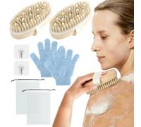 Lot de 2 brosses sèches, brosse pour le corps et 2 gants de bain, brosse de massage en poils de porc, brosse de douche pour exfolier, éliminer la cellulite et favoriser la circulation sanguine
