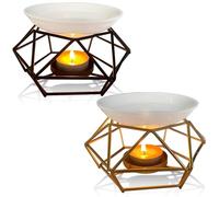 Lot de 2 brûleurs parfumés en métal et céramique - Avec support pour bougie chauffe-plat en fer - Décoration pour la maison - Style losange - Lampe d'aromathérapie (noir + doré)