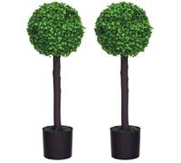 Lot de 2 buis artificiels topiaires artificielles en forme de boule dim. Ø 20 x 60H cm pots inclus 20x20x60cm Vert