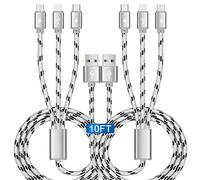 Lot de 2 câbles de charge multiples 3 A tressés 3 en 1 avec port adaptateur IP/micro USB/type C pour téléphones portables/iPhone 16 15 14 13/Samsung/Pixel/tablette et plus encore