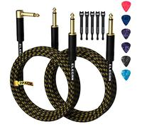 Lot de 2 câbles de guitare de 4,5 m - Angle droit + câble droit vers droit - Nylon tressé plaqué or - 90 degrés TS - Câble d'ampli de 6,35 mm mâle avec 6 médiators de guitare + 5 attaches