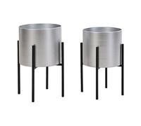 Lot de 2 cache-pots sur pied en métal - D.25 x H.39 et D. 23 x H.35.5 - Argenté et noir - EDMEE