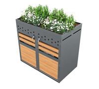 Lot de 2 cache-poubelles en métal avec toit végétal pour poubelles de 120 à 240 l, en acier galvanisé avec porte aspect bois, verrouillable avec fentes d'aération, pot de fleurs avec trous de drainage