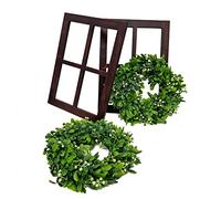 Lot de 2 cadres de fenêtre en bois décoratifs, y compris des couronnes de gui artificielles - noix - cadre en bois et couronne de porte à suspendre et à créer - Images Vert Couronne artificielle