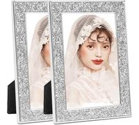 Lot de 2 cadres photo argentés - Verre pailleté - Transparent - Pour plateau de table - Horizontal ou vertical - Décoratif salon, chambre et bureau