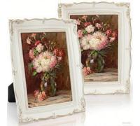 Lot de 2 cadres photo vintage avec reflets dorés pour afficher des photos de 12,7 x 17,8 cm, corps en résine et couvercle en verre avec options de suspension ou de support (blanc)