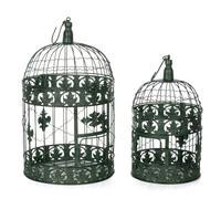 Lot de 2 cages à oiseaux en métal vert vieilli vintage shabby chic - Décoration à suspendre Ø 25 cm et Ø 19 cm - Avec ornements - Style maison de campagne - Aspect vieilli