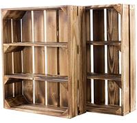 Lot de 2 caisses plates avec 3 compartiments flammés - Nouvelle caisse en bois comme étagère murale, étagère de cuisine, étagère de salle de bain, étagère à épices, étagère de caisses à fruits -