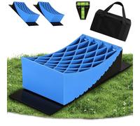 Lot de 2 cales de levage pour camping-car 13,5 t - 8 niveaux de compensation de hauteur de 2 à 10 cm - Double système antidérapant en polyéthylène haute densité - Avec tapis en caoutchouc et niveau à
