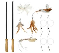 Lot de 2 cannes à pêche longues avec tige télescopique 3 positions de 107 cm avec 2 oiseaux, 3 plumes, poignée en bois, jouet pour chat, oiseau, convient aux grands chats de taille moyenne et petite