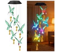 Lot de 2 carillons éoliens solaires à LED - En métal - À suspendre à l'extérieur - Avec design colibri - LED à changement de couleur - Étanche - Pour jardin, balcon, terrasse