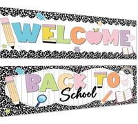 Lot de 2 carnets de composition pour salle de classe - 35,8 x 98,6 cm - Bannière de bienvenue à l'école - Bannière décorative de style fille - Bannière pour premier jour d'école - Fournitures de