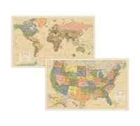 Lot de 2 cartes du monde laminées et cartes des États-Unis - Cartes murales du monde et des États-Unis - Fabriquées aux États-Unis [jaune]