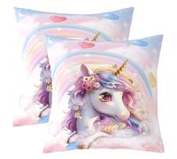 Lot de 2 Cartoon Licorne Housse de Coussin 45x45,Rose Paillettes Mignon Housse D'Oreiller,Fille Rainbow Princesse Fantaisie Taie D'Oreiller,Thème de Fée Coussin Décoratifs pour Filles D'Enfants