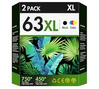 Lot de 2 cartouches d'encre noire et couleur de rechange pour HP Ink 63 63XL HP63 pour imprimantes DeskJet 1112, 2130, 3630 ; Envy 4510, 4520 ; OfficeJet 3830, 4650, 5200 F6U63A F6U64A