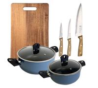Lot de 2 casseroles avec couvercle de Ø20Ø24 cm en aluminium pressé de couleur bleue + 3 cuillers en acier inoxydable + planche à découper 40 x 25 cm NOIA San Ignacio