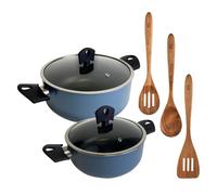 Lot de 2 casseroles de Ø20Ø24 cm avec couvercle en aluminium pressé de couleur bleue + set de 3 ustensiles en bois NOIA San Ignacio