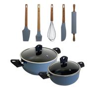 Lot de 2 casseroles de Ø20Ø24 cm avec couvercle en aluminium pressé de couleur bleue + set de 5 ustensiles en silicone et bois NOIA San Ignacio