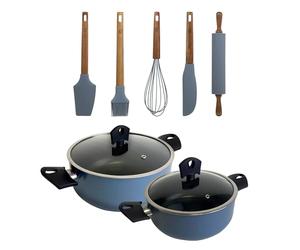 Lot de 2 casseroles de Ø20Ø24 cm avec couvercle en aluminium pressé de couleur bleue + set de 5 ustensiles en silicone et bois NOIA San Ignacio