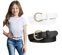 Lot de 2 ceintures pour filles de 82 cm en cuir élastique pour enfants, exquises et confortables avec double boucle en O, noir/blanc, 82 cm
