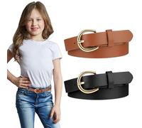 Lot de 2 ceintures pour filles de 82 cm en cuir élastique pour enfants, exquises et confortables avec double boucle en O, Noir/camel, Taille Unique