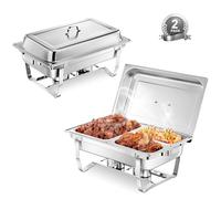 Lot de 2 Chafing Dish Buffet,9L Chauffe Plat Buffet en Acier Inoxydable, Buffet Chauffant Chauffe, Chafing Dish en Traiteur, Hôtel, Restaurant, Fêtes, Mariage, (1×GN1/1+1×GN1/2+2×GN1/4)