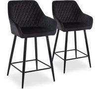 Menzzo Lot de 2 chaises de Bar Design Moderne Veronika en Velours Noir - Pieds métal Noir - Dossier matelassé Losange avec accoudoirs - L53 x P54 x H105 cm