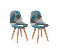 IDMarket - Lot de 2 chaises scandinaves SARA - motifs patchwork bleus - bois H. 80 cm