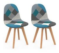IDMarket - Lot de 2 chaises scandinaves SARA - motifs patchwork bleus - bois H. 80 cm