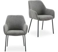 Lot de 2 Chaises de Salle à Manger TURSI en Tissu Gris avec Accoudoirs, Assise Rembourrée et Dossier Enveloppant, Pieds en Métal, Idéales pour Salle à Manger ou Cuisine