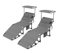 Lot de 2 Chaise Longue avec Pare-Soleil 360° Réglable, Bain de Soleil Pliable, Transat Extra Large 68 cm-Tissu Oxford 600D, Dossier Inclinable et Appuie-Tête, Poche Latérale, pour Jardin-Plage, Noir