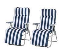 Lot De 2 Chaise Longue Bain De Soleil Adjustable Pliable Transat Lit De Jardin En Acier Bleu + Blanc