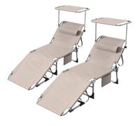 Lot de 2 Chaise Longue Bain de Soleil Pliable avec Poche Latérale, Pare-Soleil 360° Ajustable, Transat Extra Large 68 cm, Dossier Inclinable et Appuie-Tête, pour Jardin-Plage, Tissu Oxford 600D, Kaki