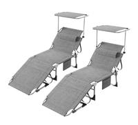 Lot de 2 Chaise Longue, Bain de Soleil Pliable avec Poche Latérale, Pare-Soleil 360° Ajustable, Transat Extra Large 68 cm, Acier, pour Plage Dossier Réglable & Appuie-Tête, Tissu Oxford 600D, Lin Gris