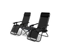 Lot de 2 Chaise longue inclinable en textilene avec table d'appoint porte gobelet et portable noir