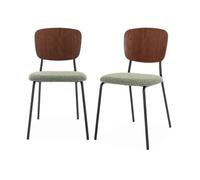 Lot de 2 chaises assise bouclette texturée verte. dossier bois de peuplier courbé. pieds en métal noir mat