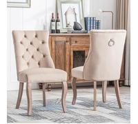 Lot de 2 Chaises Capitonnées Beige en Velours - Style Classique & Design - Pieds en Bois - Chaises de Salle à Manger, Salon