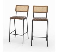 Lot de 2 chaises de bar 76 cm en cannage et cuir marron - Arsène - Rendez-Vous Déco
