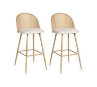 Beliani Lot de 2 Chaises de Bar Rétro en Métal Assise en Tissu Dossier Tresse Viennoise Beige Bois Clair Cornell