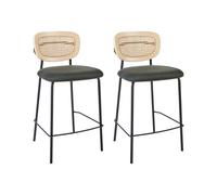 Lot de 2 Chaises de Bar Moderne Tabourets Dossier en Rotin Tressé Viennois Polyester sans Accoudoirs Pieds Noirs Vert Foncé Mayetta