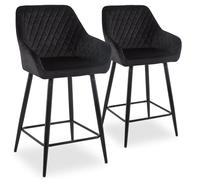 Menzzo Lot de 2 chaises de Bar Design Moderne Veronika en Velours Noir - Pieds métal Noir - Dossier matelassé Losange avec accoudoirs - L53 x P54 x H105 cm