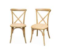 Lot de 2 chaises de bistrot en bois de cédrèle naturel. vintage. assise en rotin. empilables
