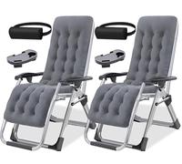 Lot de 2 chaises de jardin inclinables, rembourrées avec porte-gobelet et coussin de tête, gris, réglable de 90 à 170 °, chaise longue d'extérieur confortable zéro gravité