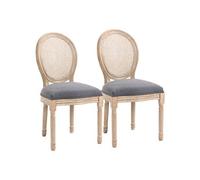 Lot de 2 chaises de salle à manger - chaise de salon médaillon style Louis XVI - bois massif sculpté, patiné - dossier cannage - aspect lin gris