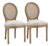 HomCom Chaises lot de 2 salle à manger Médaillon Louis XVI bois sculpté dossier cannage lin beige