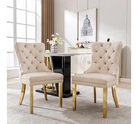 Lot de 2 chaises de salle à manger, cuisine, salon, avec heurtoir de porte unique à l'arrière, rembourrées, pieds de support en acier inoxydable doré, housse en velours Beige/doré